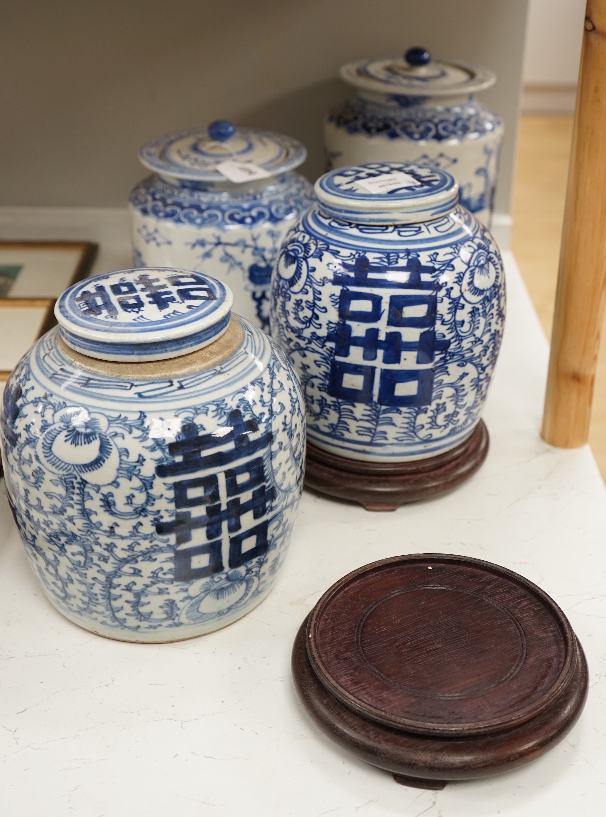 Two pairs of Chinese blue and white jars, tallest 24cm